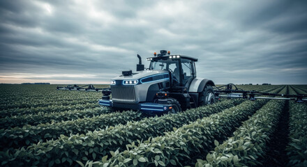 Obraz premium Modern agricultural tractor working in vast green soybean field under dramatic cloudy sky, showcasing advanced farming technology and machinery in action