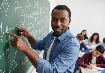 African American man, a mathematics teacher in a classroom, is explaining equations on a chalkboard, with students engaged in learning and taking notes in the background