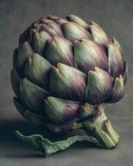 Fototapeta premium Artichoke portrait on gray backdrop for healthy food blogs, recipes, advertising