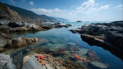 Fototapeta premium Vibrant Rocky Coastline at Low Tide with Colorful Starfish
