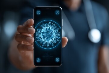 Smartphone Displaying Digital Hologram of Virus Structure Held by Person with Stethoscope for Telemedicine, Public Health, and Medical Technology Concepts