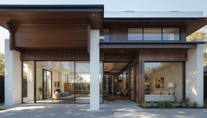 Exterior view of a modern home with large glass windows and wood accents on a sunny day outside area
