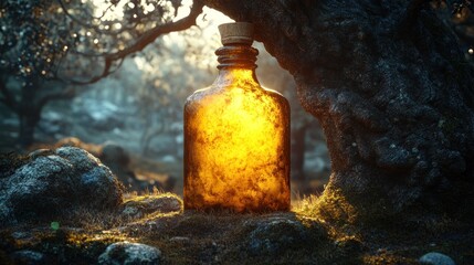 Amber bottle bathed in golden light, nestled amongst olive trees