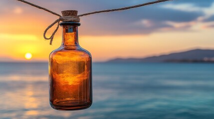 Amber bottle hangs at sunset over ocean