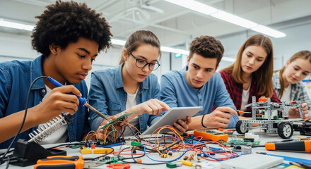 Group of diverse students engaged in electronics project, collaborating on circuit board with tools and components spread across table, showcasing teamwork and innovation in learning environment