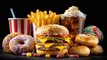 Delectable junk food feast: stacked burger, golden fries, sweet soda, and sugary donuts arranged against a dark backdrop. A tempting indulgence.