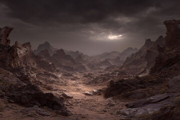 Naklejka premium Desert alien landscape under stormy sky