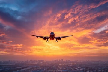 A passenger plane descends at sunset cityscape below