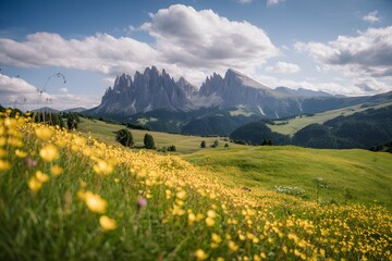 Fototapeta premium Stunning Dolomites mountains vista with vibrant wildflowers meadow in summer sunshine