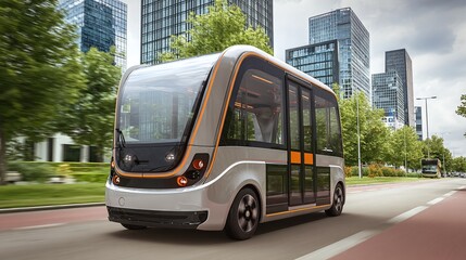 Fototapeta premium Modern, streamlined transit vehicle on a city street, showcasing futuristic design & eco-friendly transport solutions against an urban backdrop.