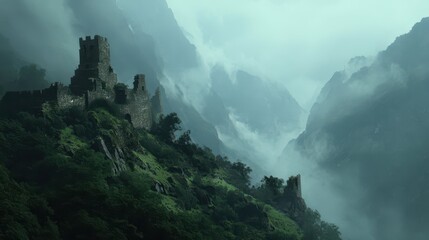 Ruined Fortress in a Misty Valley Surrounded by Majestic Peaks