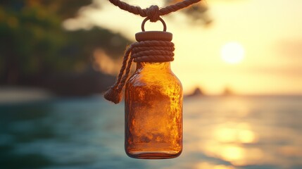 Amber glass bottle, tied with rope, hangs at sunset