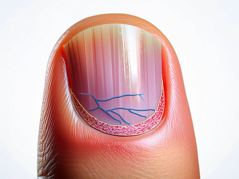 Cross-sectional view of nail plate and cuticle in human fingernail
Human fingernail anatomy showing nail plate and protective layers