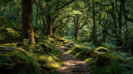 Obraz premium Sacred Forest Path with Whispering Spirits in Serene Environment