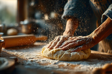 Female hands kneading dough for home baking