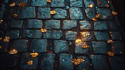 Autumn leaves on cobblestone pathway at night