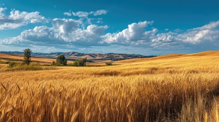 Fototapeta premium Scenic Golden Wheat Fields Under Blue Sky with Fluffy Clouds