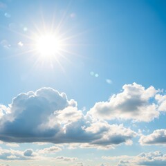 Brilliant sun shining high in a clear blue summer sky with fluffy white clouds, a symbol of clear weather and good air quality.