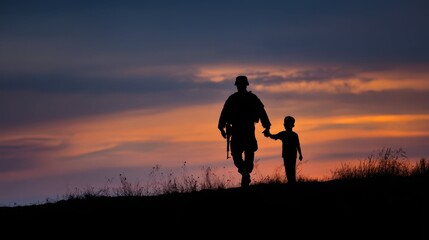 Fototapeta premium Silhouette of Veteran and Child Holding Hands at Dusk