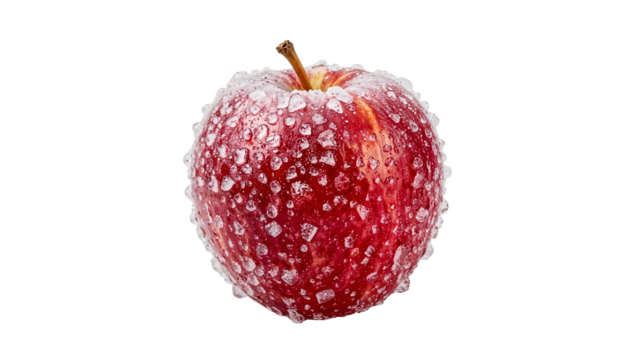 Fresh red apple covered in ice crystals isolated on the transparent background for food, nutrition, and healthy eating concepts