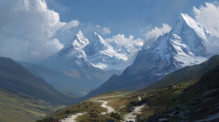 Fototapeta premium Snow Capped Peaks with Valley and Trail Below in Serene Landscape
