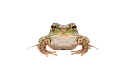 Fototapeta premium Closeup green frog facing camera on the transparent background, amphibian portrait, nature, wildlife, animal, macro, isolated, detailed texture