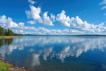 Fototapeta premium Vast serene lake under a brilliant blue sky filled with fluffy white clouds reflecting on the calm water surface
