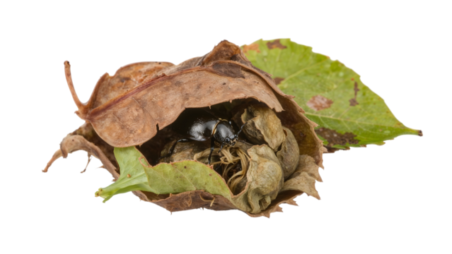 Black beetle sheltering inside dried leaf and seed pod on the transparent background closeup macro nature insect