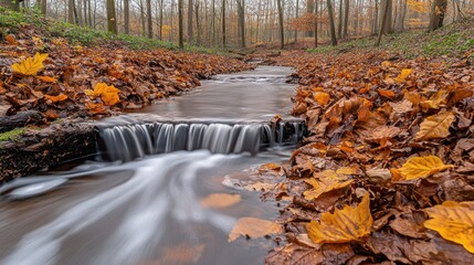 Autumnal stream cascading over mossy stones, covered in fallen leaves