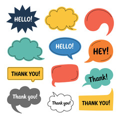 Various colorful speech bubbles with greetings and thanks hello