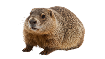 Closeup of a groundhog on the transparent background, fluffy brown fur, rodent mammal, wildlife animal portrait, curious expression