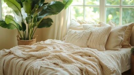 Beige bed with plants by window
