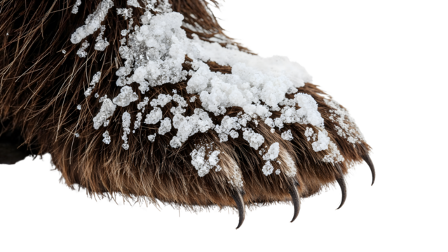 Closeup of bear paw with snow and claws isolated on the transparent background for winter wildlife and nature concepts