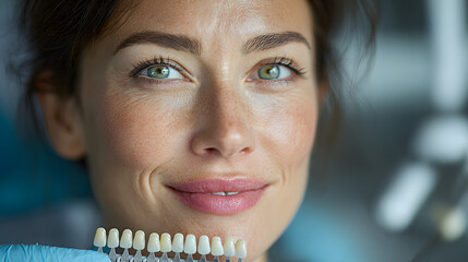 Close up of woman getting shade of teeth selected by dental professional for pressed ceramic veneers treatment for smile makeover. Process of improving dental aesthetics and health