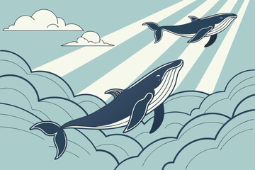 Surreal vector scene of whales swimming in an ocean that floats above clouds, sunlight beams breaking through, calm and dreamy mood.