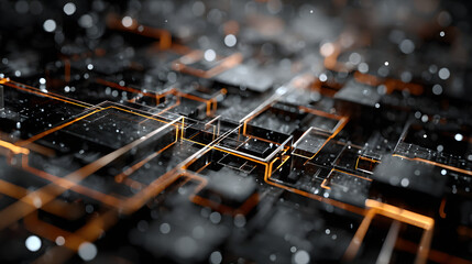 Dark-themed background featuring abstract geometric grid elements