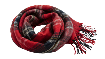 Red plaid woolen scarf with fringes rolled up isolated on the transparent background, winter fashion accessory, cozy warm textiles for cold weather outfits