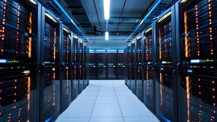 Illuminated Server Room Aisle Filled With Racks of Blinking Computer Equipment