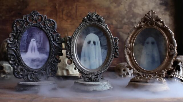 Ethereal Portraits: Three ornate framed images showcase spectral apparitions, evoking the chilling essence of Halloween with a touch of vintage aesthetics.