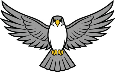 Naklejka premium Grey falcon with wings spread wide yellow eyes and beak, vector illustration