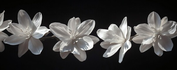 Five delicate white flowers arranged on a horizontal line against black