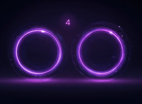 Two vibrant purple glowing rings, number 4 centered above, set against a dark background with subtle light reflections below
