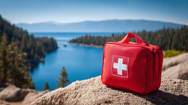 First aid kit outdoors. Red emergency bag with white cross on rock, lake and mountains in background. Preparedness for travel, hiking and outdoor activities. - Powered by Adobe