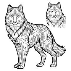 Wolf sketch for tattoo or t-shirt design. Black outline coloring page for children education. Vector illustration.