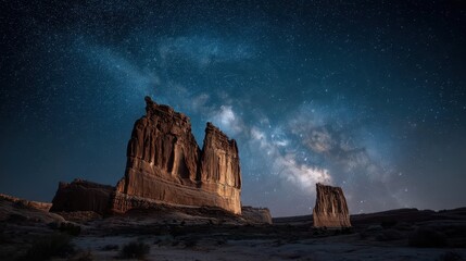 Starry Sky Over Desert Rock Formations With Milky Way View