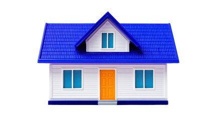 Obraz premium Charming house with blue roof and white walls, featuring welcoming orange door and large windows, evokes sense of comfort and warmth
