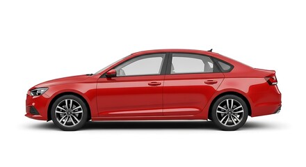 Fototapeta premium Sleek red sedan car shown in a side profile view. Modern automobile for personal transport and commuting, isolated on a white background.