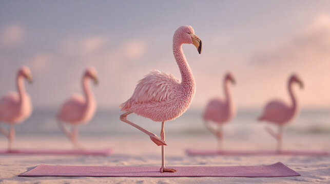 Pink Flamingo Doing Yoga Pose on Beach at Sunset