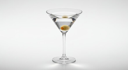 A martini glass filled with a clear liquid, garnished with two green olives, standing on a light gray background