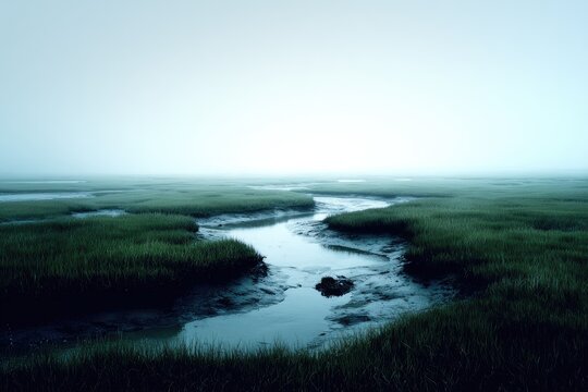 Misty marsh landscape, tranquil waterway